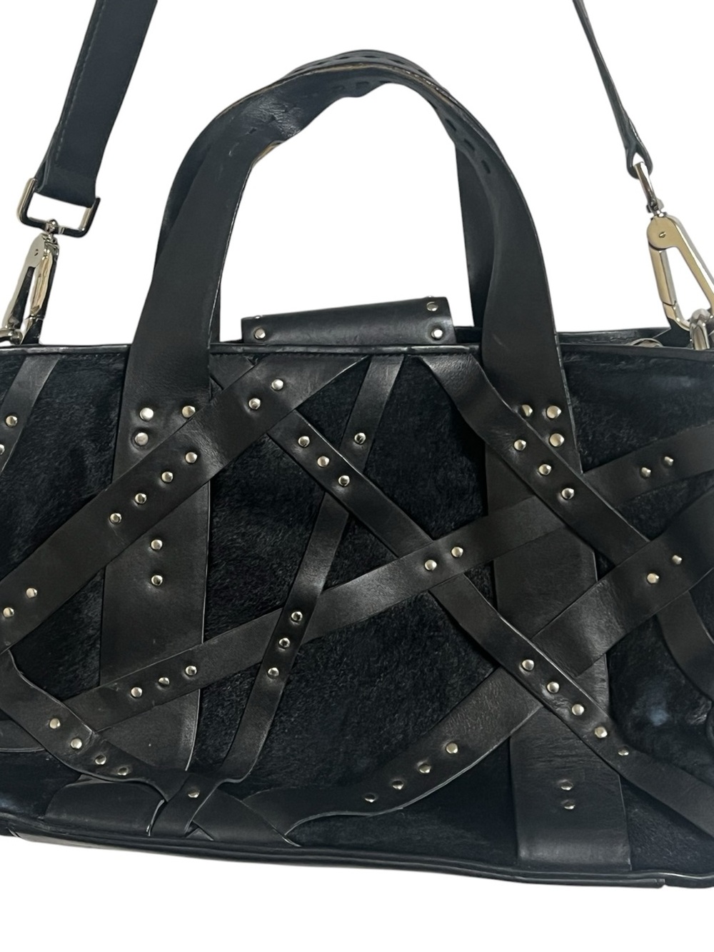 Donald J Pliner black calf hair and leather strappy silver studded satchel bag - Picture 5 of 11